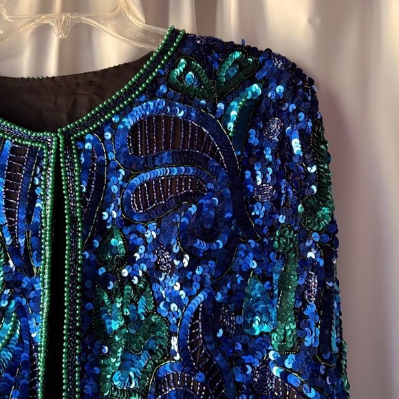 Vintage 1980's Laurence Kazar New York Blue Green Sequin Silk Jacket Large - Picture 3 of 10